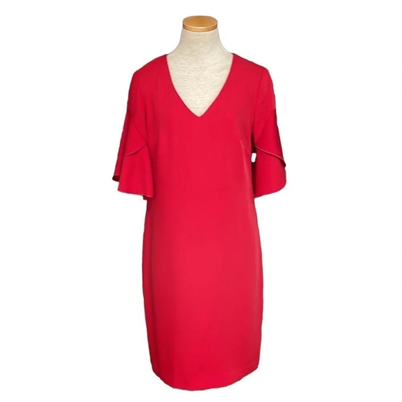 Trina Turk Dress Red Knee Length Sheath V-Neck Bell Sleeves Size 2 - Picture 1 of 16